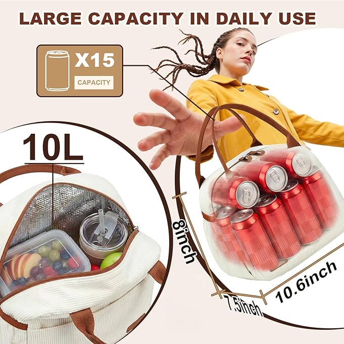 LEDAOU Lunch Box for Women Insulated Lunch Bag Cute Lunchbox Small Cooler Bag Thermal Reusable Lunch Tote for Work School Picnic Travel (Beige)