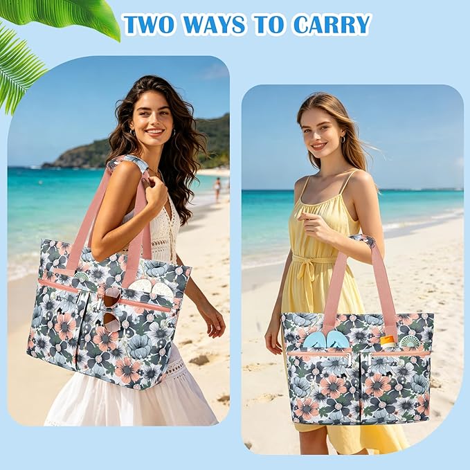 HUANLANG Large Beach Bags for Women Pool Bag with Zipper, Waterproof Sandproof Beach Tote Travel Bag with Wet Pocket | Waterproof, Large capacity, Dry/wet separation, Cooling function, Durable fabric, sandproof