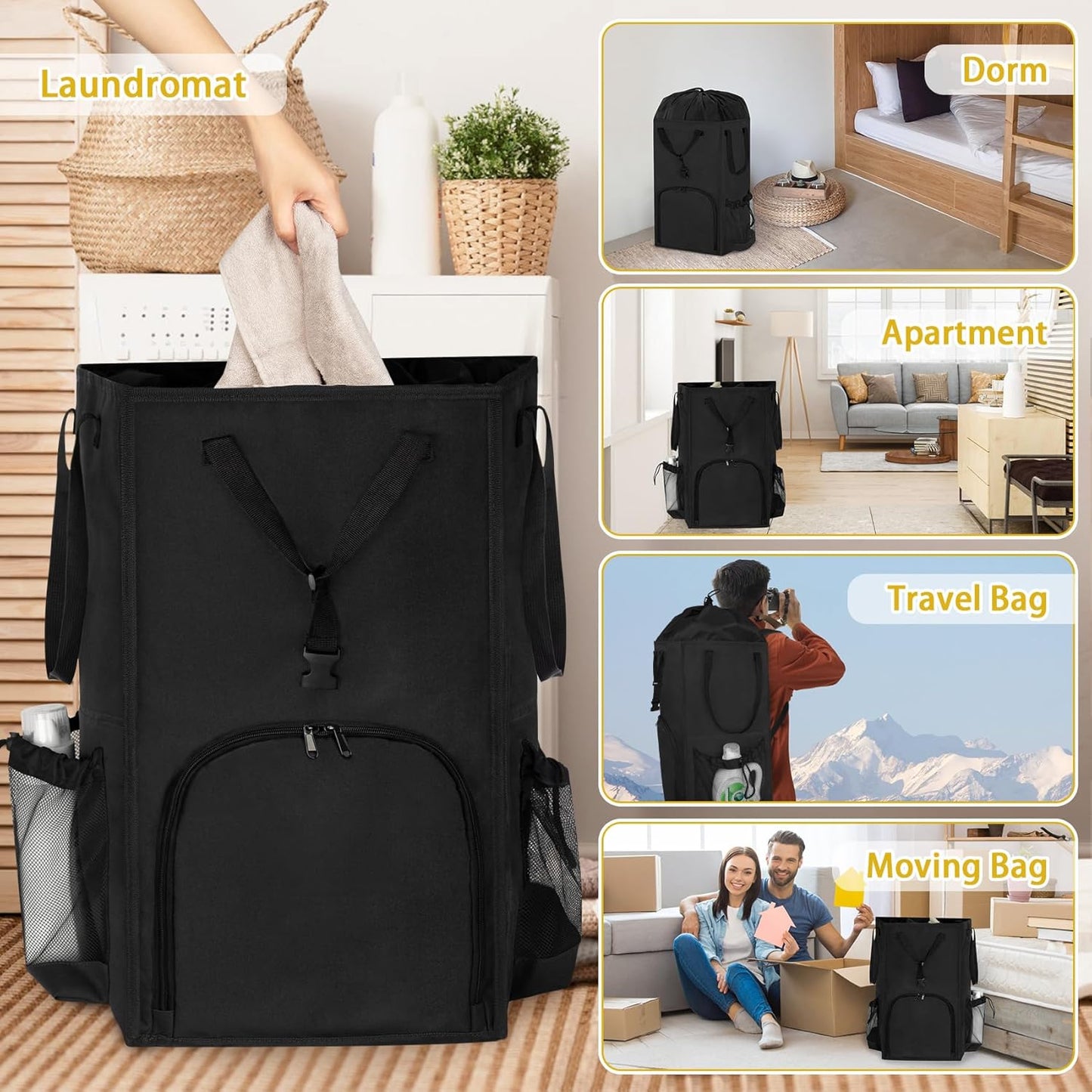 Laundry Bag Backpack Extra Large, 110L Laundry Backpack Heavy Duty with Shoulder Straps, Collapsible and Mesh Pocket Dorm Laundry Basket Hamper Bag for College, Travel, Laundromat, Apartment Black