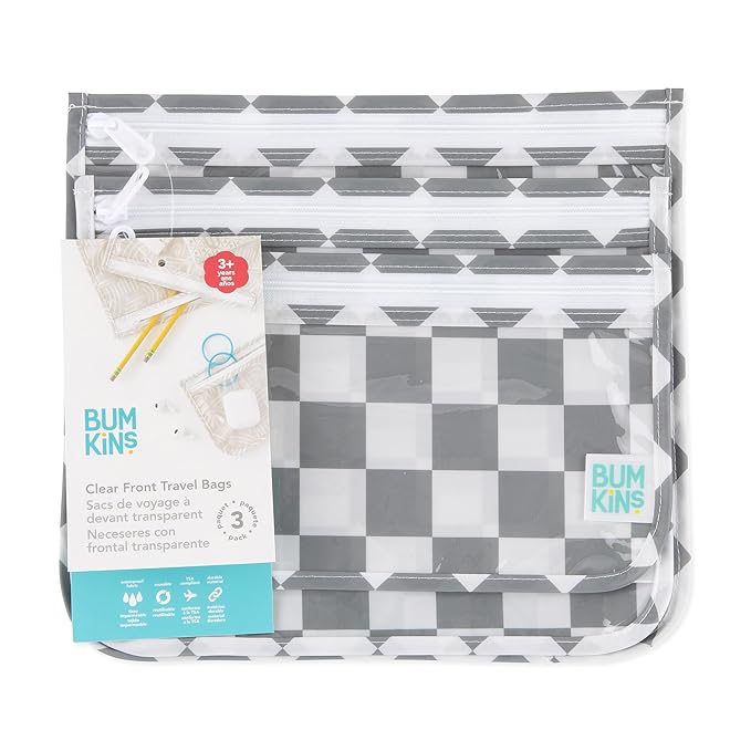 Bumkins Travel Bag, Toiletry, TSA Approved Pouch, Zip Bag, Quart Size Airline Compliant, Clear-Sided, Baby, Diaper Bag Organization, Makeup, Accessories, Packing, Set of 3 Sizes, Gray Check