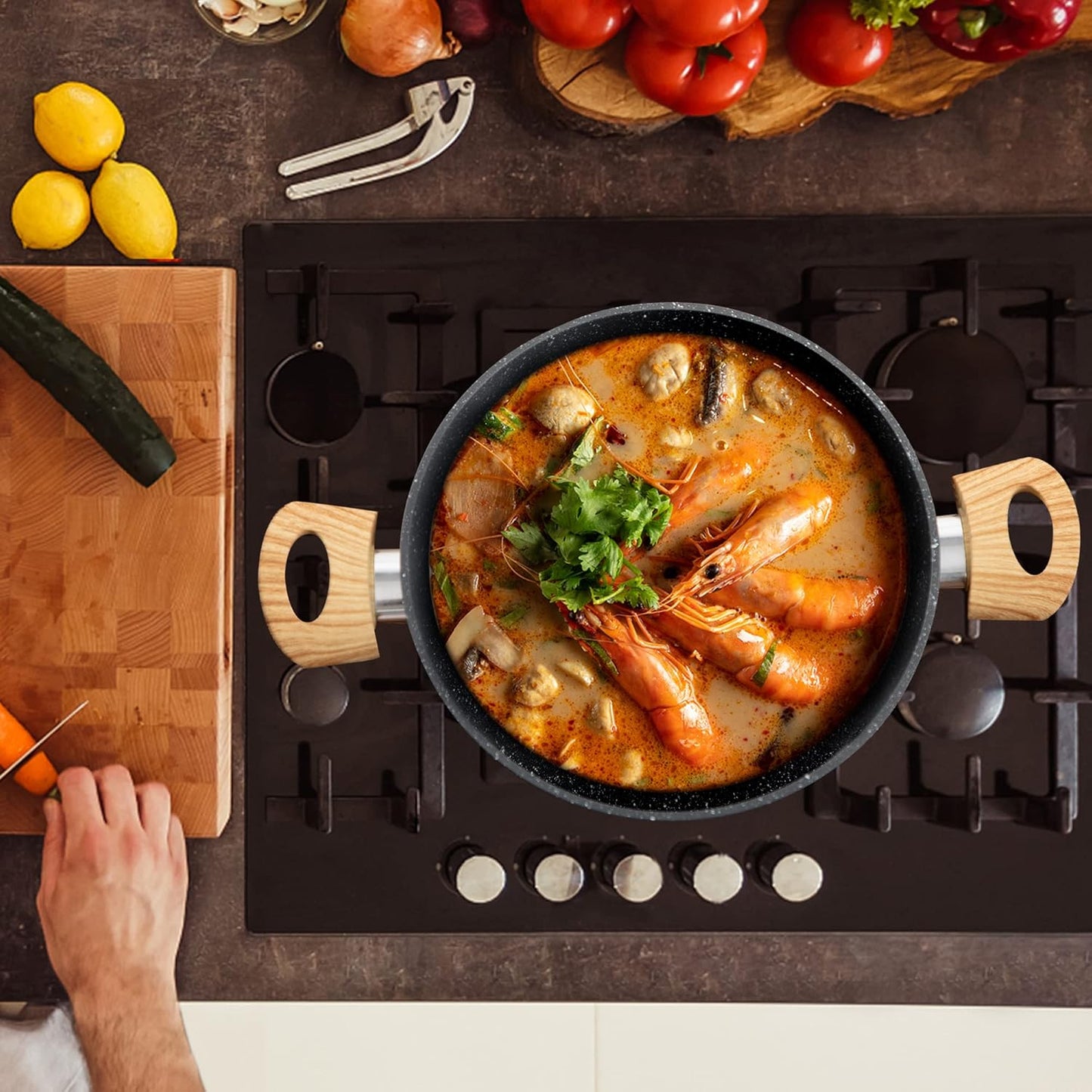 MAISON ARTS Pots and Pans Set Non Stick, 12 Piece Grey Granite Kitchen Cookware Induction Compatible, Pot and Pan Sets for Cooking Nonstick