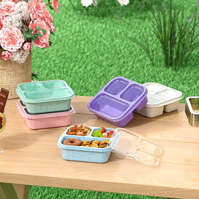 Snack Boxes (3 Pack) - Stackable Bento Boxes with 3 Compartments, Meal Prep Containers Reusable, Lightweight Lunch Containers for Kids and Adults, BPA Free (Purple)