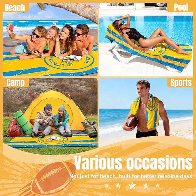 Football Fan Thin Lightweight Microfiber Beach Towel Themed Los Angeles Large Sand Free Oversized Portable Towels Men Women Gear Chargers Team Boyfriend Valentines Anniversary Gag Fun Nice Gifts