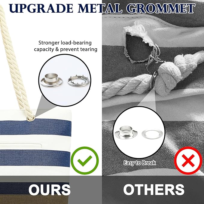 Large Canvas Beach Bag for Women, Beach Bags Waterproof Sandproof with Zipper & Wet Bag Cruise Essentials