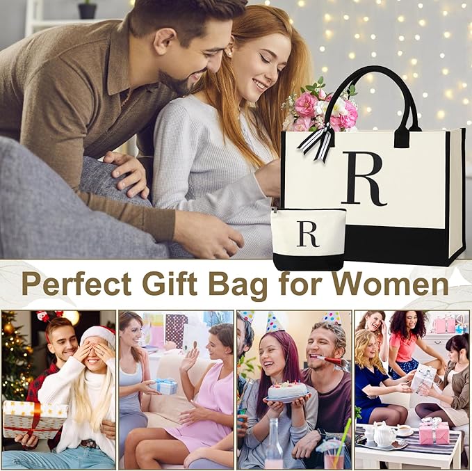 Personalized Canvas Tote Bag for Women Makeup Pouch Initial Beach Bag Removable Bottom Board for Travel Birthday