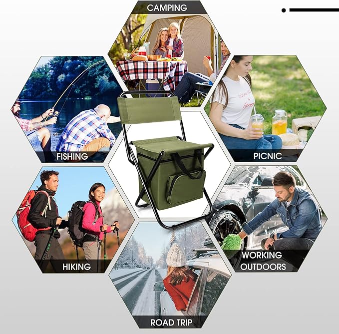 Jerify 2 Pcs Fishing Chair with Cooler Bag Multi-Function Foldable Compact Fishing Stool Hunting Chair Portable Backrest Stool with Folding Backpack for Finishing Camping Hunting Travel(Green)
