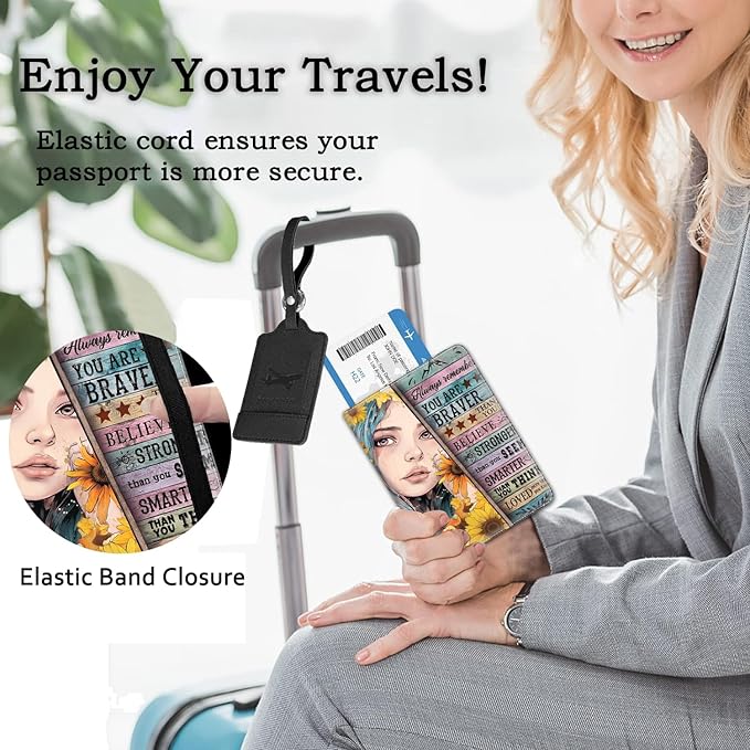 Passport Holder Women Wallet with Luggage Tag, Leather Passport Cover with RFID Blocking, Travel Accessories Multi Card Slot Passport Case for Men,Sunflower Girl Inspirational Quotes