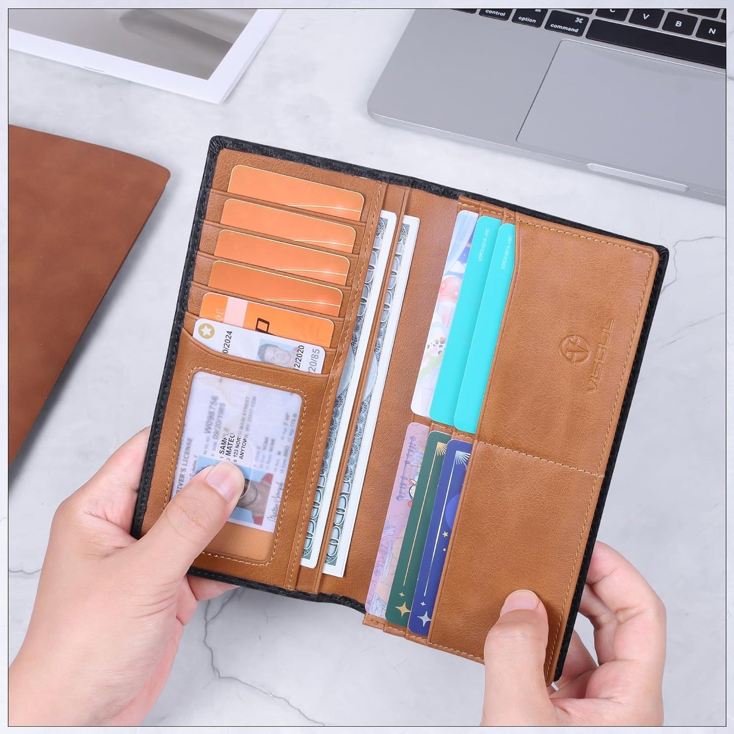 VISOUL Mens Large Long Leather Checkbook Bifold Wallet with RFID Blocking, Carbon Fiber Leather Tall Billfold Secretary Wallets for men (Black+Tan)