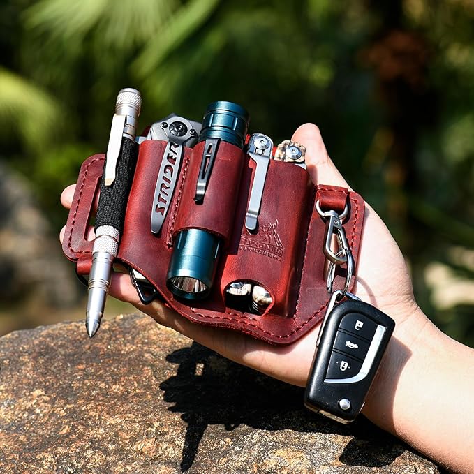 FLYHOMES Premium Full-Grain Genuine Cowhide Leather Multitool Sheath | Handmade Stitched Belt Organizer for Leatherman, Flashlight, Pen & EDC Tools | Multi-Tool Holster Pouch with Keychain Clip