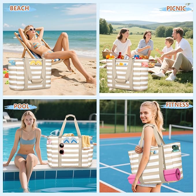 Extra Large Beach Bags for Women, Waterproof Sandproof Beach Tote Bag Foldable Swim Pool Bag with Zipper and Wet Pocket