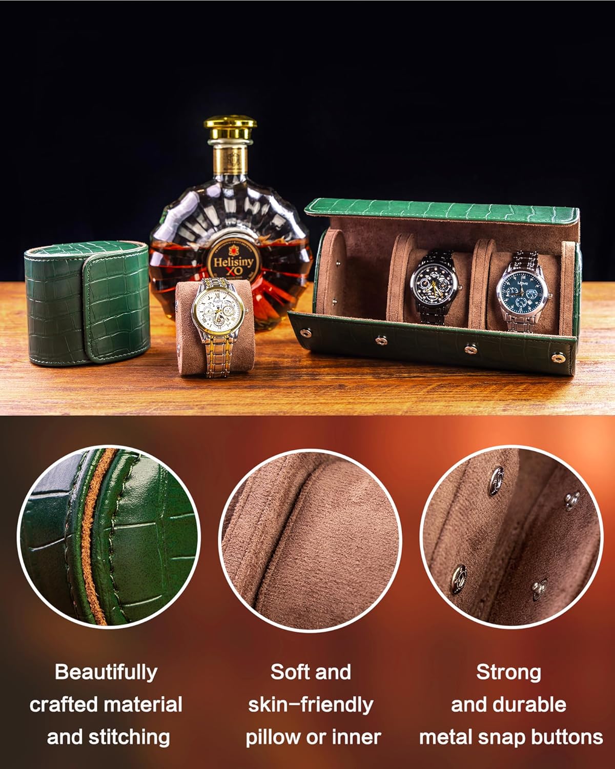 MR.OKAY 3 Watch Travel Case-Classic Leather Watch Case With Superb Texture. (Portable Watch Roll Or Organizer For Storage And Display).Festival Gift For Men, All Handcrafted By Artisans.
