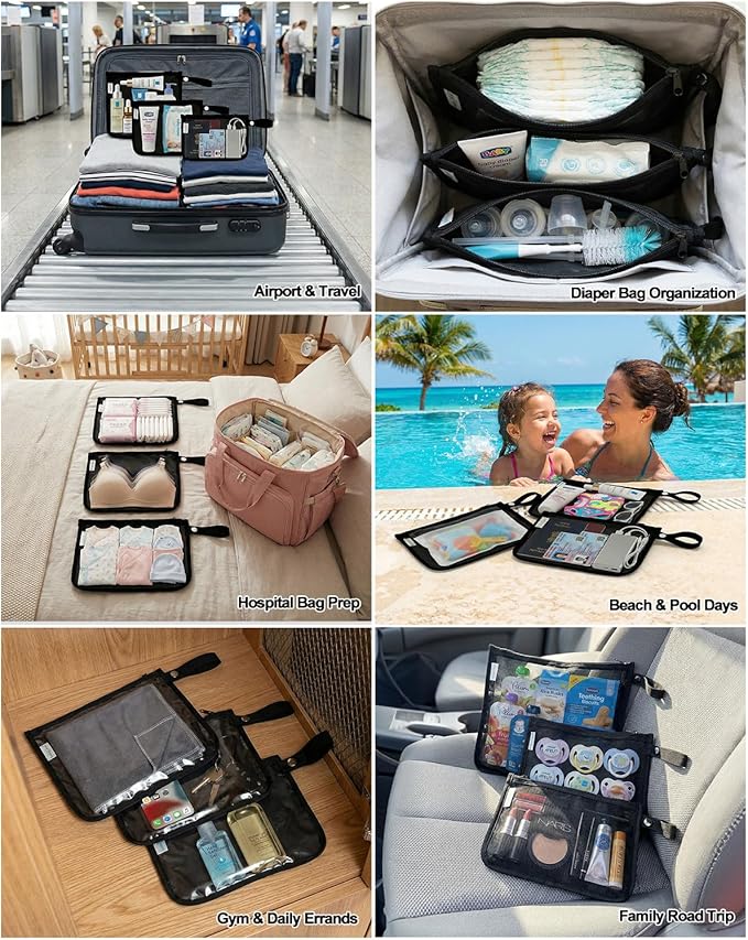 babygoal Clear Travel Organizer Bags 3 Pack, TSA Approved Mess-Proof Pouches with Snap Handle, Water-Resistant Toiletry Essentials for Baby & Mom (Black)