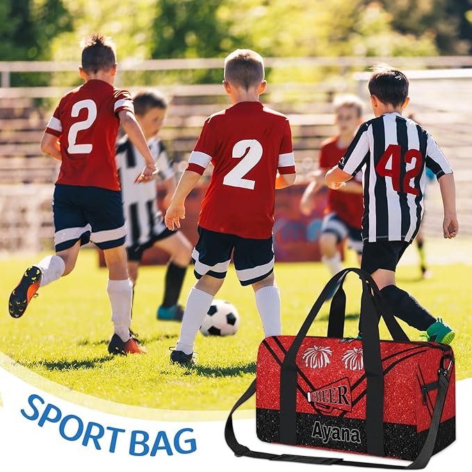Personalized Travel Sports Bag for Teens, Custom Name Cheerleader Dance Gym Overnight Small Duffel Tote Bag for Practice Gymnastics Ballet, Red Glittering Cheerleading