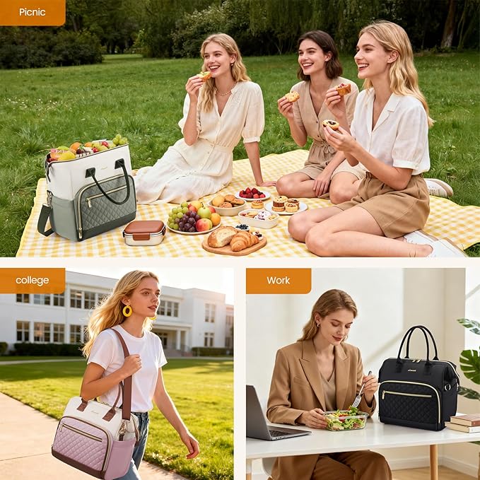 LOVEVOOK Lunch Bag Women, Insulated Adult Lunch Box for Women Work, Wide Opening Leakproof Cooler Tote Bag for Office Campus Picnic Beach with Shoulder Strap, Loncheras Para Mujer with Cup Holder