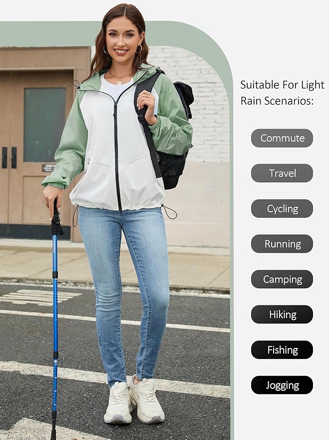 PITINAN Lightweight Rain Jacket Women Packable Wind Breaker Light Rain Jacket Women Waterproof Travel Raincoat S-XXL