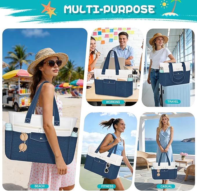 Beach Bags for Women Large Canvas Beach Tote with Zipper Wet Pocket, Waterproof Foldable Swim Pool Travel Tote Bags
