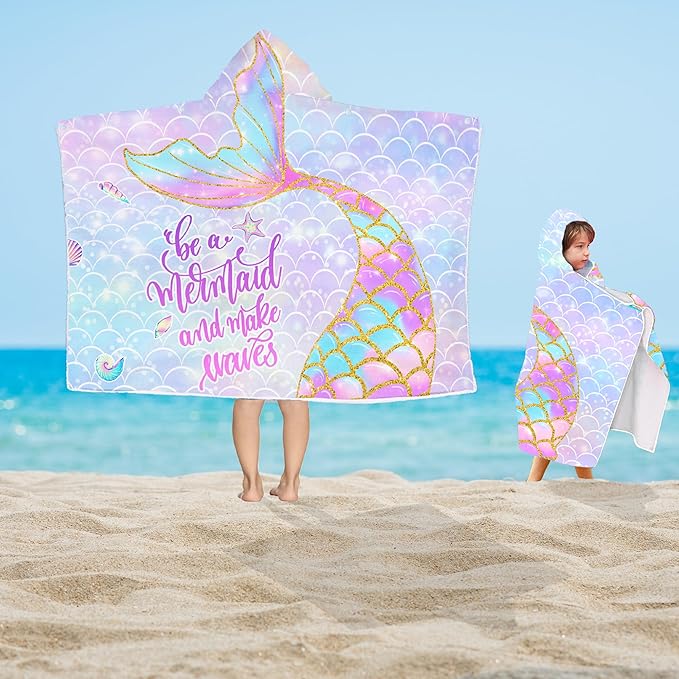 Mermaid Hooded Beach Towel for Girls - Kids Poncho Towel With Tail, Soft Absorbent Bath Towel With Hood, Pink Scales, 30"x50" - Bathrobe for Swim Pool Bath