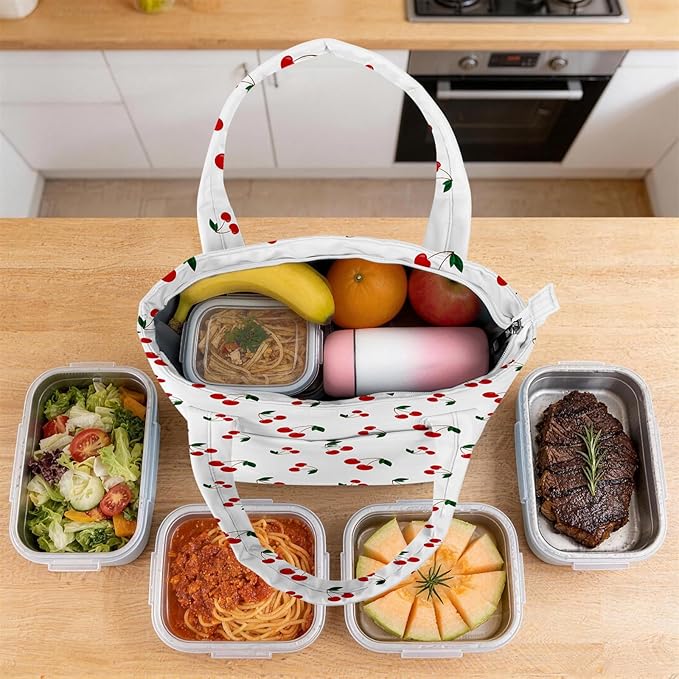 Tote Lunch Bag Women Stylish Quilted Lunch Boxes for Adult Fit and Fresh Cooler Insulated Lunchbox for Work Large 10 Liters Cute Compact Lunchbag Waterproof Cherry