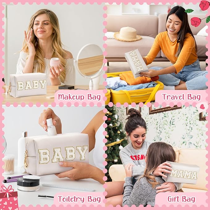 CY2SIDE MAMA Baby Letter Makeup Bag - 2PCS White MAMA and BABY Chenille Letter Patch Cosmetic Bag Pink PU Leather Patch Pouch Waterproof Portable Zipper Travel Organizer Case Gifts for Mom Women