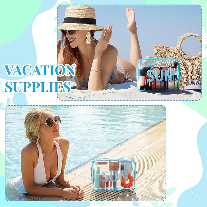Clear Sun Bag Travel Beach Makeup Pouch 9.5" x 7" x 3.5" Large Blue Toiletry Cosmetic Bag PVC Waterproof Transparent Zippered Organizer for Women Girl Summer