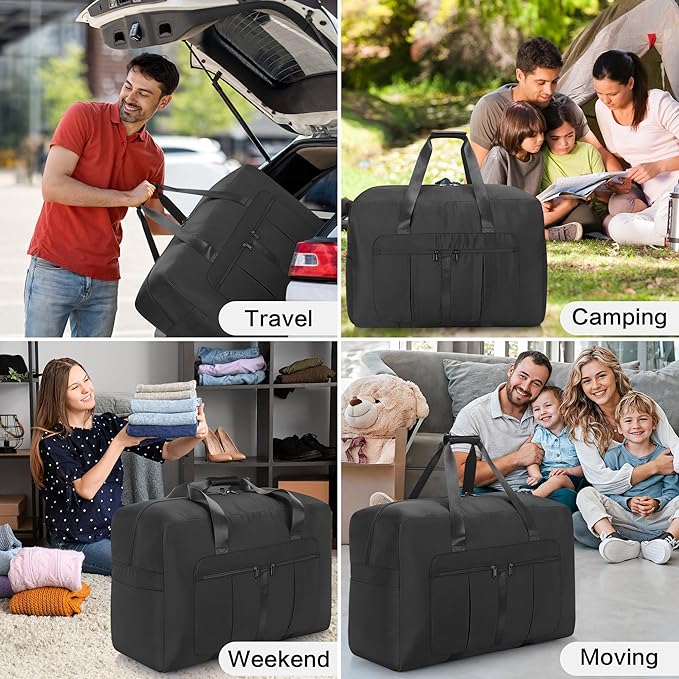 Large Duffel Bag for Travel, Foldable Storage Bag for Traveling, Collapsible Duffle Bag (Black, 70L)