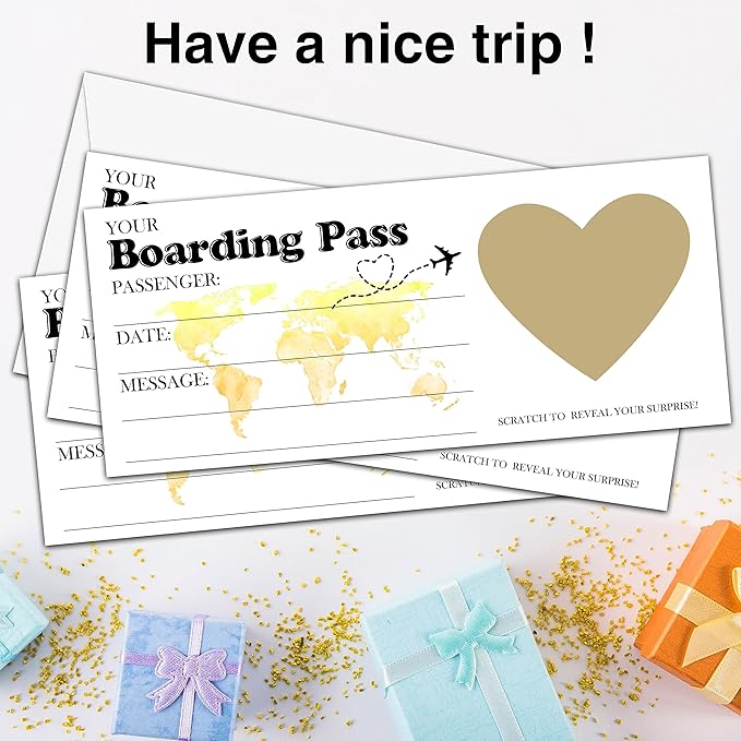 AWSICE Scratch Surprise Boarding Pass, 1 Set Make Your Own DIY Travel Ticket, Surprise Reveal Card Gift for Holiday, Christmas, Wedding, Birthday, Anniversary, Valentine's Day(3.5"x8" Gold)-B004