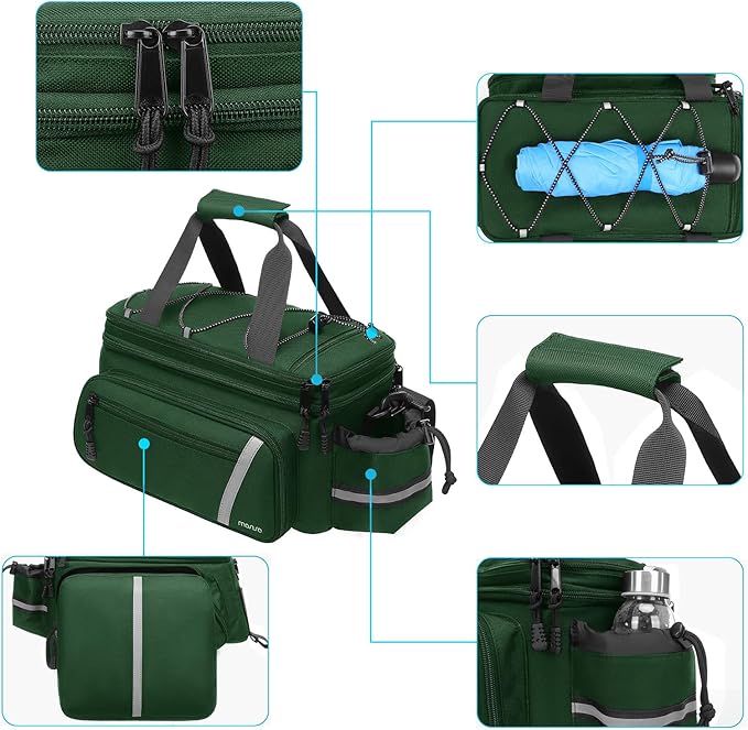 MOSISO Bike Rack Bag with Rain Cover, Bike Trunk Cooler Handag Insulated Bicycle Rear Seat Pouch with 2 Side Foldable Panniers, 8L Cycling Backseat Storage Cargo Saddle Shoulder Bag, Jungle Green
