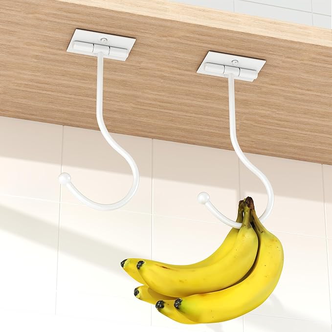 Modern Banana Hanger Hook Under Cabinet: Adhesive Banana Holder, Foldable with Magnets When Not in Use, Under Counter Banana Hook, Stainless, Hold 13 LB, White, 2 Pack