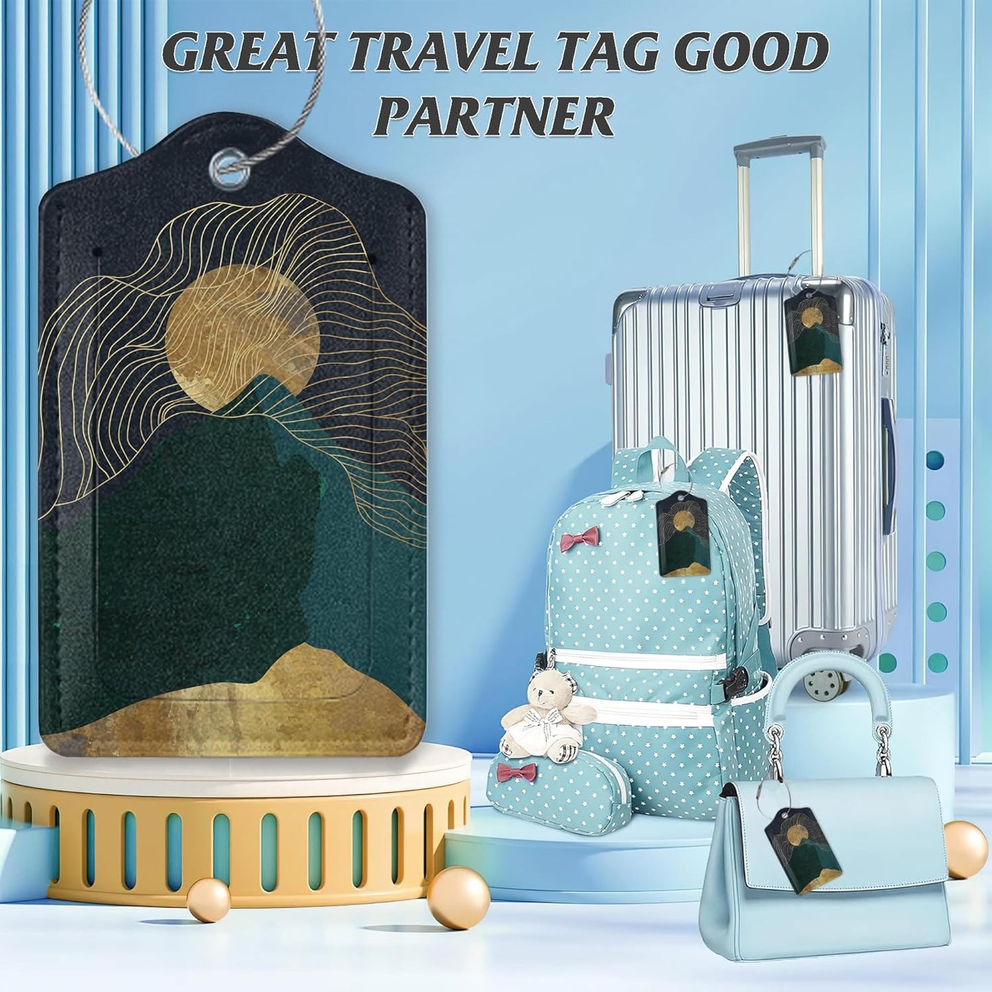 3 Pack Luggage Tag for Suitcase,Green Gold Abstract Mountains Moon Leather Luggage Tags with Privacy Cover Name ID Label Identifiers Travel Bag Tags for Women Men Boys Girls