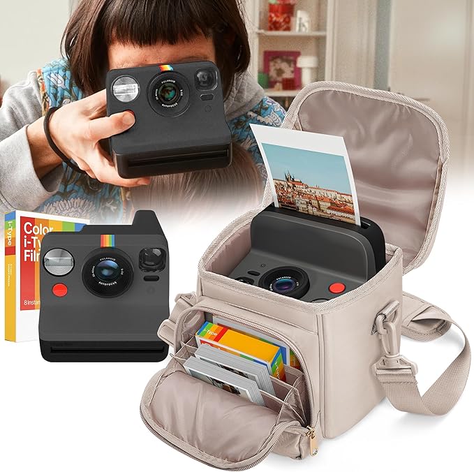 Camera Sling Bag Compatible with Polaroid Now 2nd/3rd Instant Camera, Crossbody Bag with Adjustable Strap, Light Tan