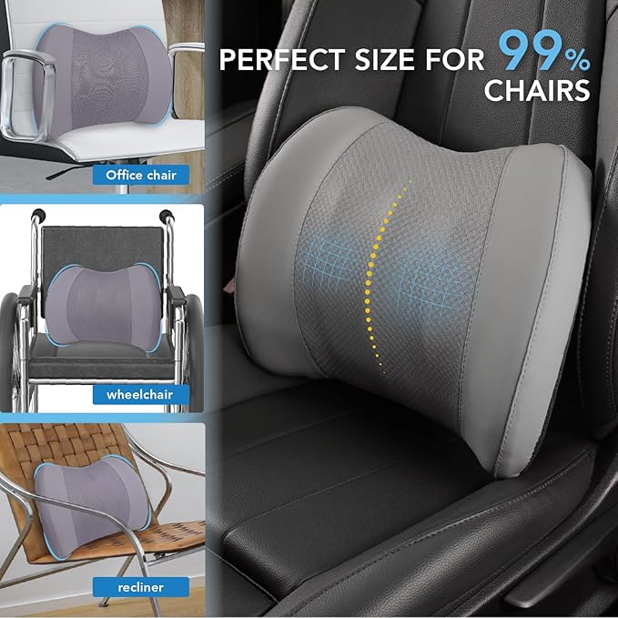 Lumbar Support Pillow for Car, Memory Foam Lumbar Pillow for Lower Back Pain Relief - Back Cushion for Driving, Chair Support for Car-Office Chair, Wheelchair - Gray