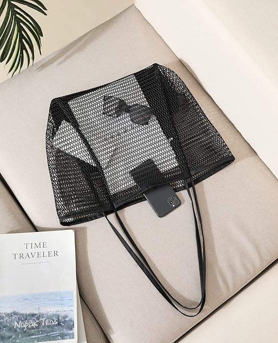 Iioscre Beach Bag for Women, Causal Hobo Pool Bags with Zipper Inner Pocket, Foldable Swim Tote Bag for Vacation Essentials