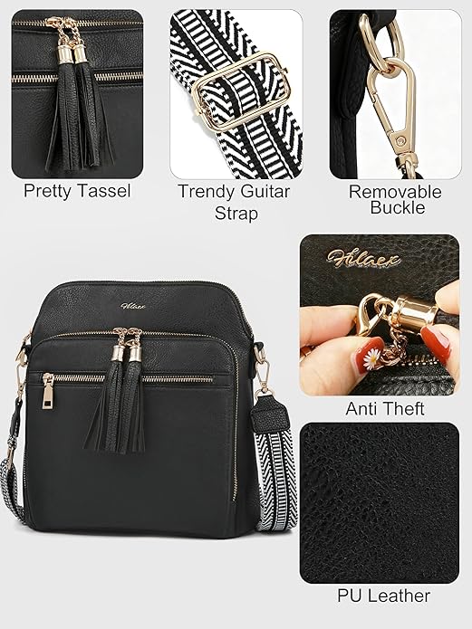 Women's Leather Crossbody Bags Anti Theft Purses RFID Blocking Handbags Trendy Travel Adjustable Strap Tassel