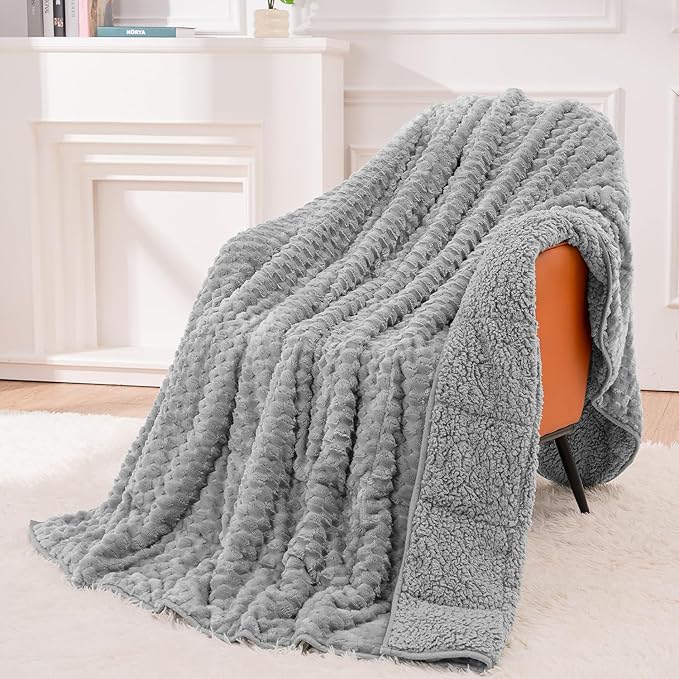 Super Fuzzy Soft Fleece Sherpa Weighted Blanket 15 lbs for Adults, 3D Imitation Turtle Shell Luxury Weighted Throw for Better Sleep, Dual Sided Cozy Heavy Blankets for Couch Bed, Grey, 60" x 80"