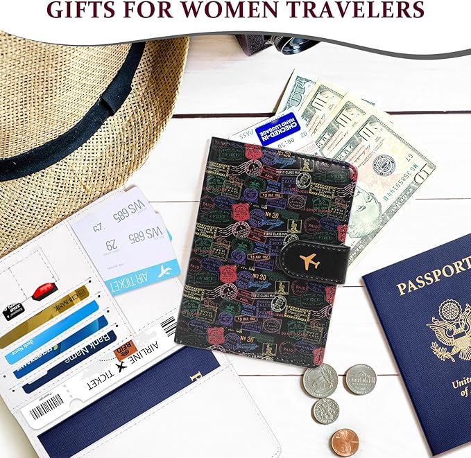 COSHAYSOO Personalized RFID Passport Holder for Travel Women Passports Cover Case Air Essentials Airplane Flight Accessories Airline Plane Flying Must Haves Christmas Gifts for Woman Travelers Vintage