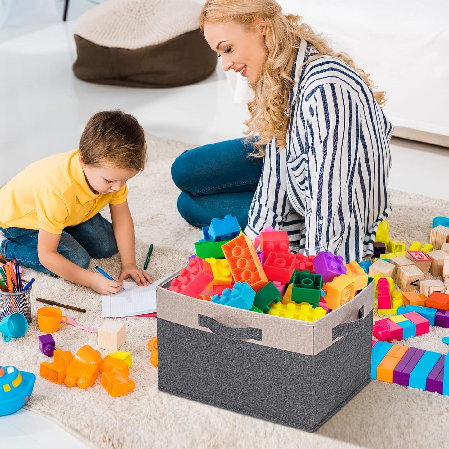 GhvyenntteS Large Fabric Storage Bins for Shelves with 3 Handles, 15x11x9.6 Inch Closet Storage Bins, Sturdy Foldable Storage Baskets for Shelves Closet Bedroom Living Room Office (Beige, Set of 3)