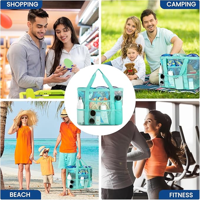 Beach Bag - Mesh Beach Bag Large 8 Pockets, Beach Tote Bag Beach Essentials for Vacation Must Haves