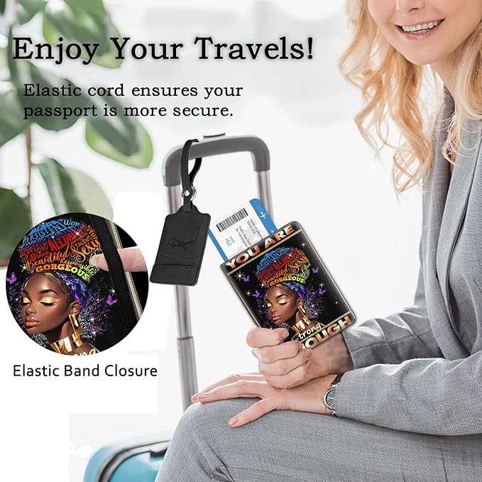 Passport Holder Women Wallet with Luggage Tag, Leather Passport Cover with RFID Blocking, Travel Accessories Multi Card Slot Passport Case for Men,Black Women Black Queen You Are Beautiful