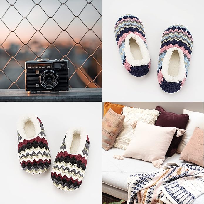 Cozylook 2-Pair Women's Soft Sole Slipper Socks with Grippers, Thick Warm Cozy Sherpa Lined Home Socks Set, Cable Knitted Non-slip Fluffy Winter House Bedroom Slippers