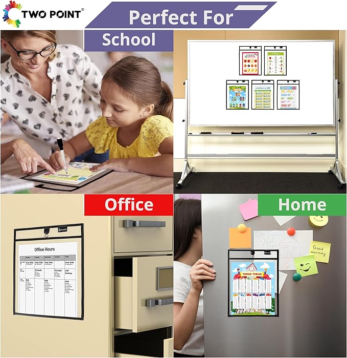 Magnetic Dry Erase Pockets by Two Point (6-Pack) - Portrait - Black Dry Erase Pocket Sleeves, Job Shop Ticket Holders, Clear Paper Sleeves Protectors, Magnetic Pouch