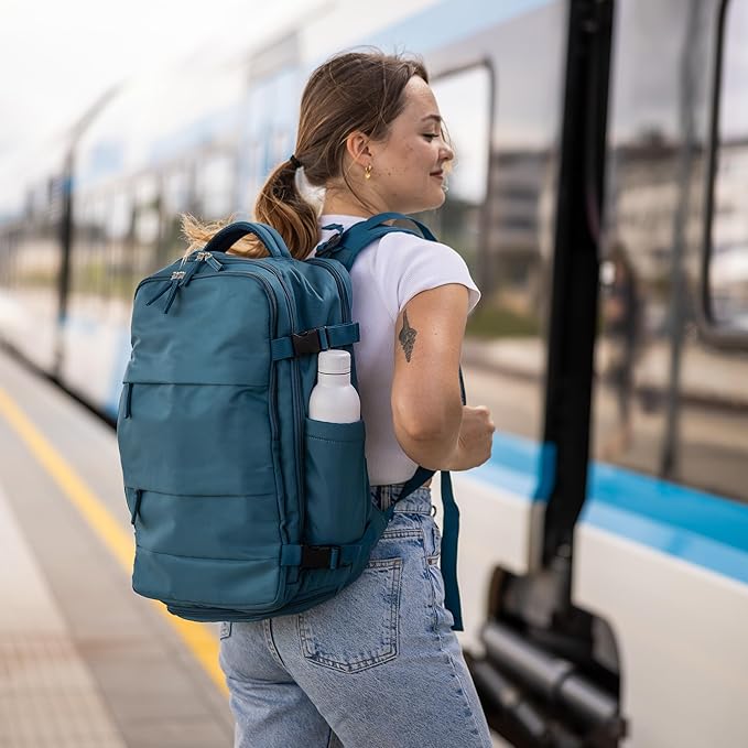 (Not Made In China) Travel Backpack For Men and Women, Airline Approved Carry On Bag w/Shoe Compartment, Holds 15.6" Laptop, USB Charging Port (Columbus, Peacock Blue, 2 Pack)