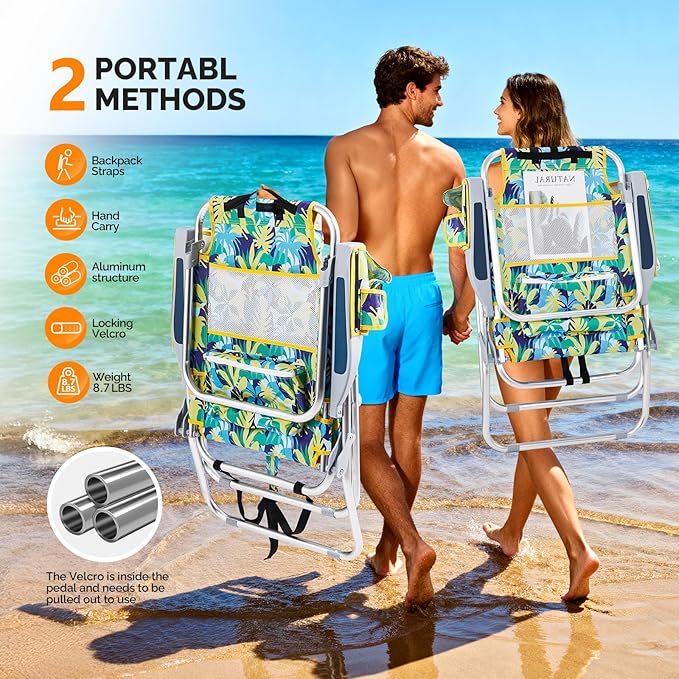 VINGLI Tall Beach Chair 2 Pack Lightweight, Backpack Beach Chair for Adults with 5-Position, Cooler Bag, Cup Holders, Towel Bar, Lightweight Folding Beach Camping Chairs
