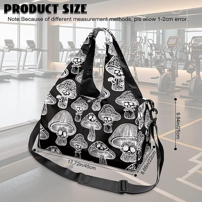 Black Mushroom Workout Bag for Women with Yoga Mat Holder and Shoe Compartment Gym Bag Waterproof Gym Duffel for Swimming, Stylish Fitness Duffel Bag