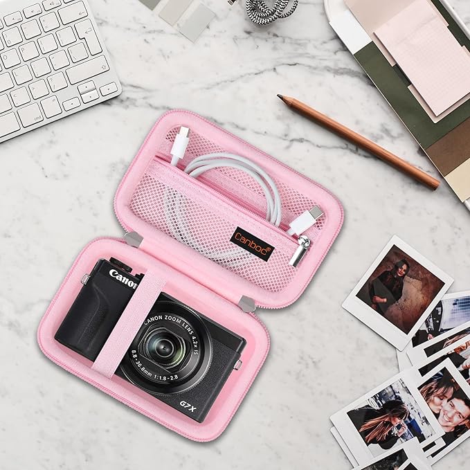 Canboc Camera Case for Canon PowerShot G7 X Mark III/ G7X Mark II Digital 4K Vlogging Camera, Point and Shoot 4K Video Camera Bag, Zipper Mesh Pocket fits USB Cable, Batteries, Pink