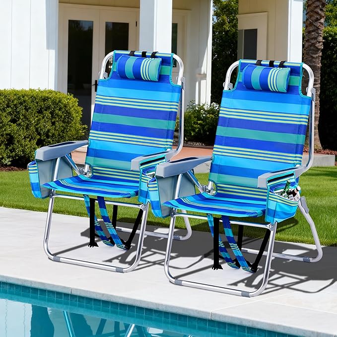 VINGLI Tall Beach Chair 2 Pack Lightweight, Backpack Beach Chair for Adults with 5-Position, Cooler Bag, Cup Holders, Towel Bar, Lightweight Folding Beach Camping Chairs