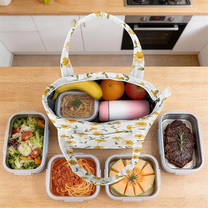 Tote Lunch Bag Women Stylish Quilted Lunch Boxes for Adult Fit and Fresh Cooler Insulated Lunchbox for Work Large 10 Liters Cute Compact Lunchbag Waterproof Yellow Floral