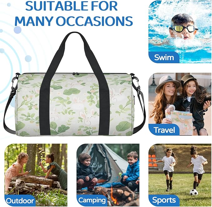 Rabbit Floral Gym Bag for Women 17 inch Waterproof Carry On Overnight Weekender Bag Sports Duffel Tote Bags for Travel Workout