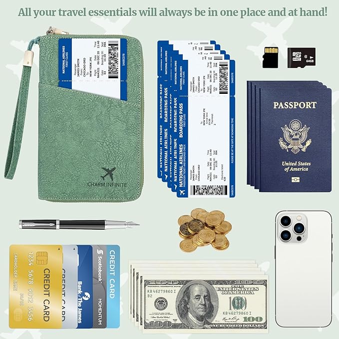 Family Passport Holder Wallet with Zipper, RFID Blocking Travel Document Organizer for Women Men, Portable Case Cover for Cards, Boarding Pass, ID, Money, Tickets with Wrist/Neck Strap