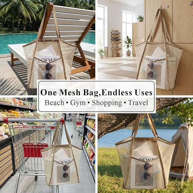 F-color Mesh Beach Bag Family - Large Tote Bag 9 Pockets for Swim Pool Toys Cruise Beach Vacation Essentials
