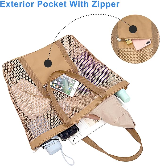 Mesh Beach Bags for Women with Zipper Foldable Hobo Tote Bag Vacation Shoulder Bags for Swimming Pools